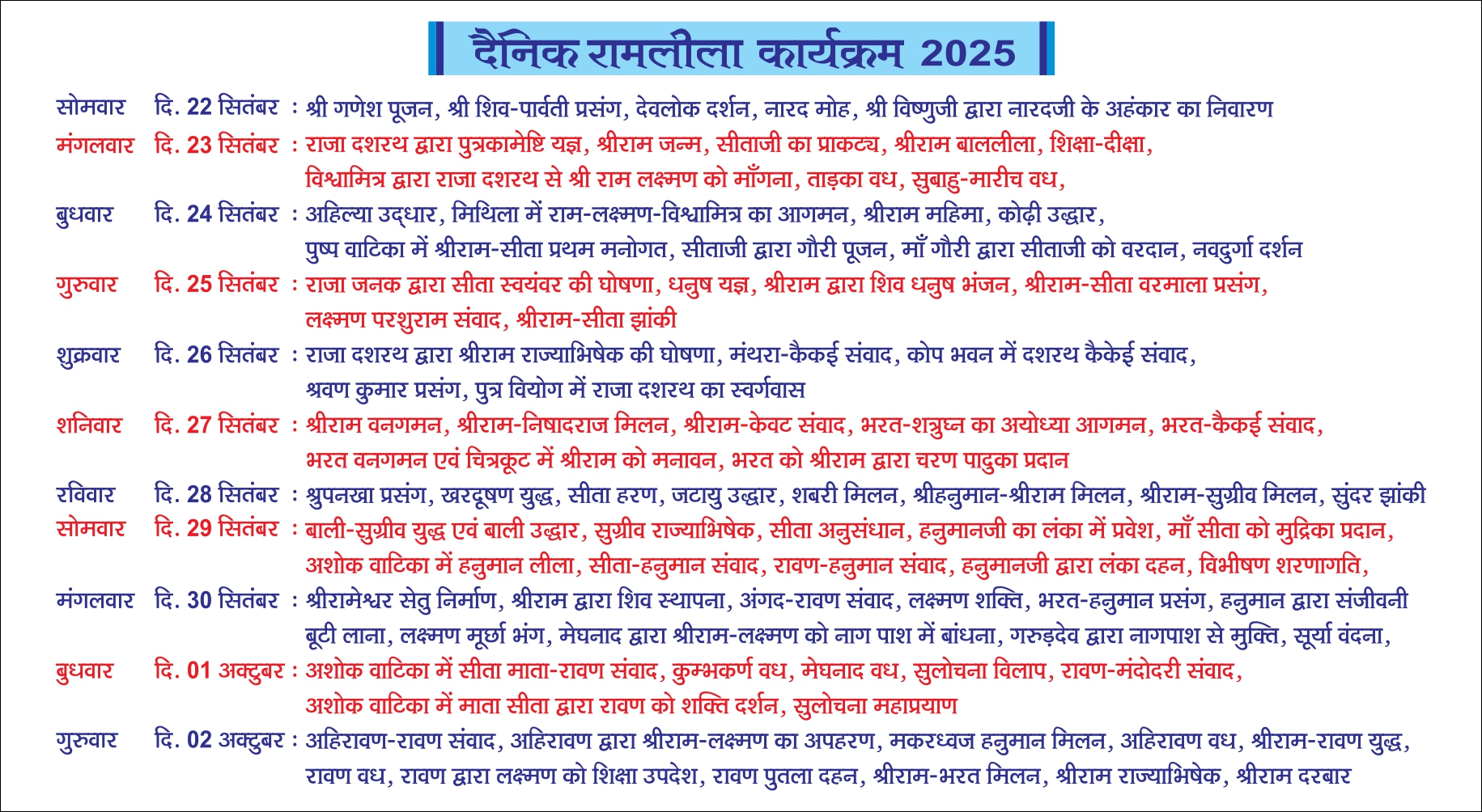 Daily Ramlila Progarm details 2025